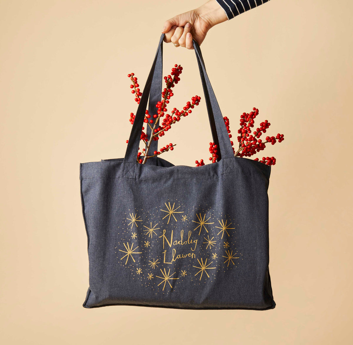Navy 'Nadolig Llawen' Large tote bag