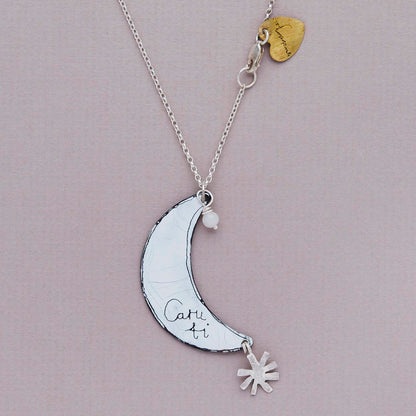 Silver Half Moon and Enamel Necklace
